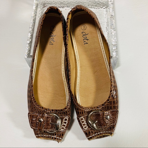 Brown Embossed Crocodile Print Buckle Flats - Picture 3 of 5
